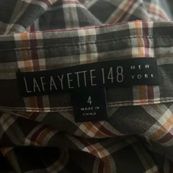✨Lafayette 148 - Grey & Orange Plaid Button Down Sz 4✨ - Picture 6 of 7